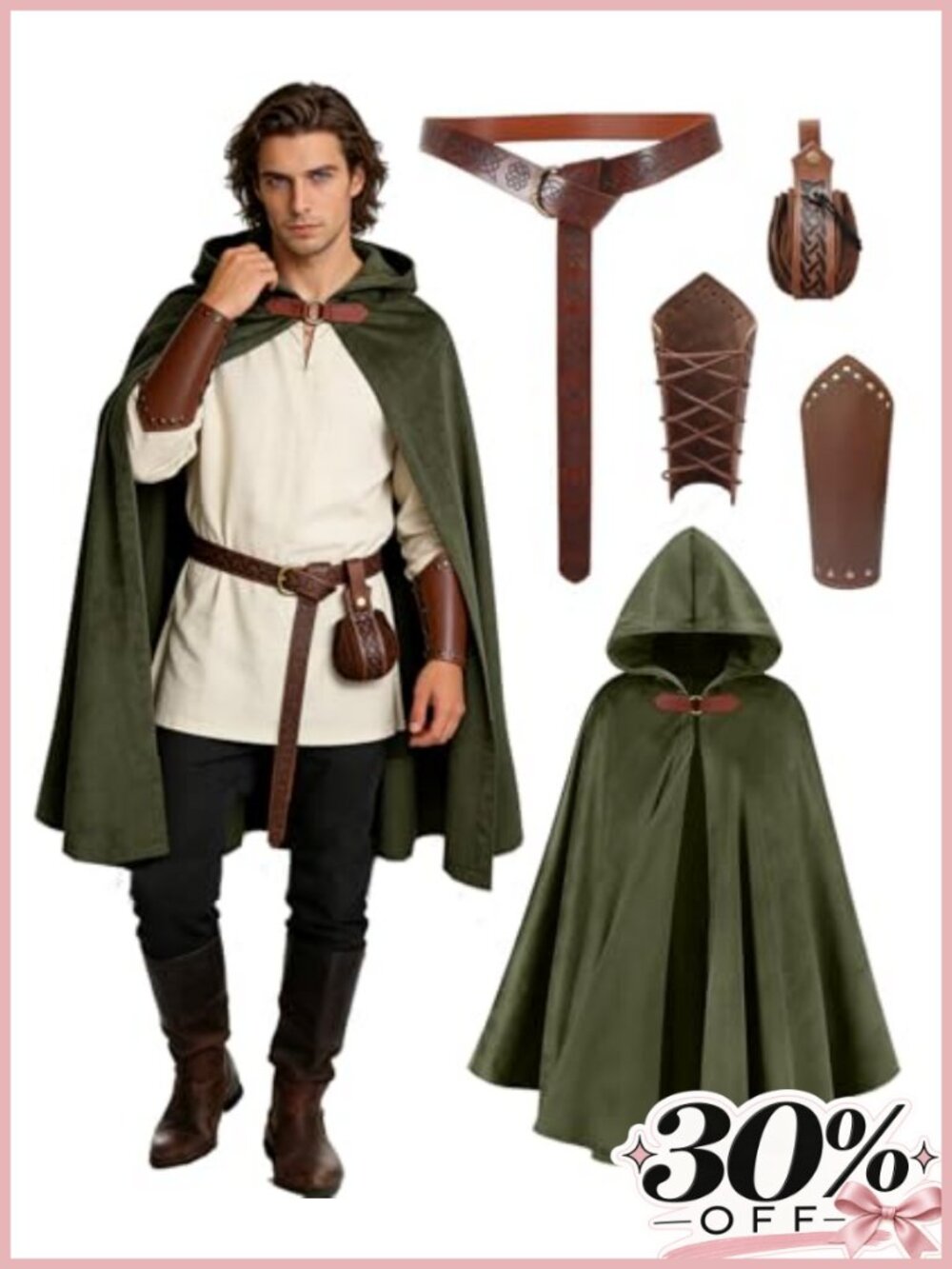 Medieval Hooded Cloak Renaissance Costume Set Belt Pouch Bracers Unisex
